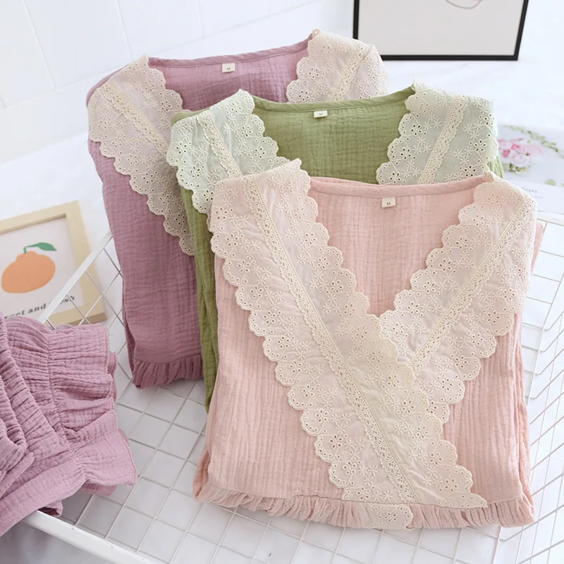 Nightclothing 2 Piece Set Ladies Thin Crepe Cotton Lace V-Neck Crossover Four Seasons Long Sleeve Pullover Seekers Pijamas Women