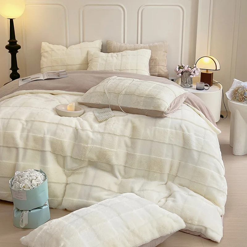 

Winter new thickened rabbit plush four-piece bed sheet thickened waffle milk fleece bed set bedding