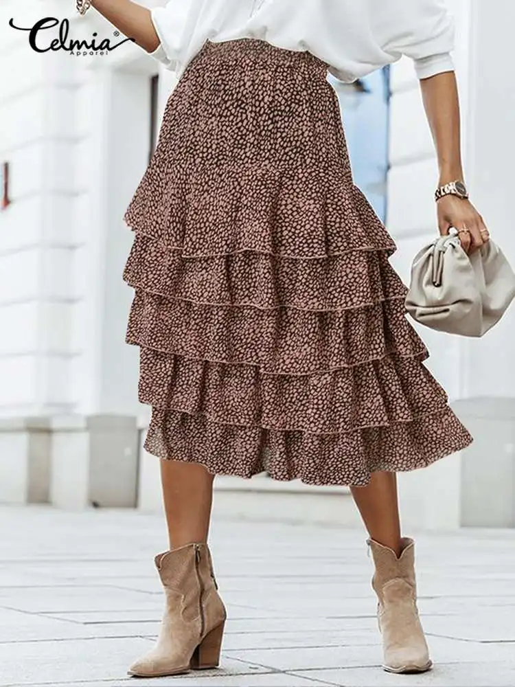

Celmia Women Party Midi Skirts Elegant Bohemian Layered Ruffles High Waist Cake Skirt Casual Vacation Spot Printing Fashion Jupe