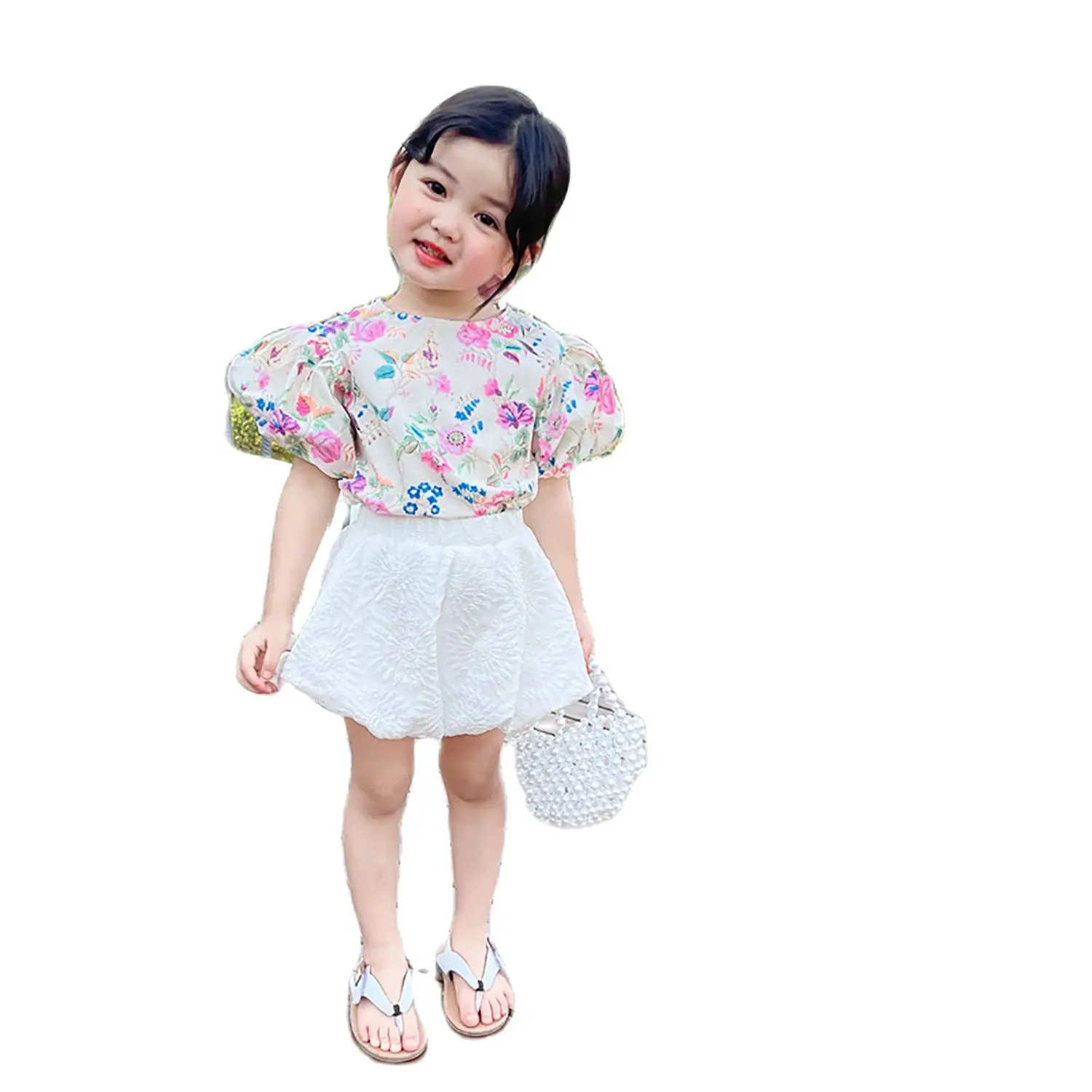 

Hot-Selling Children's Clothing 2022 Summer New Korean Girl Retro Floral Puff Sleeve Shirt Jacquard Flower Bud Pants Suit