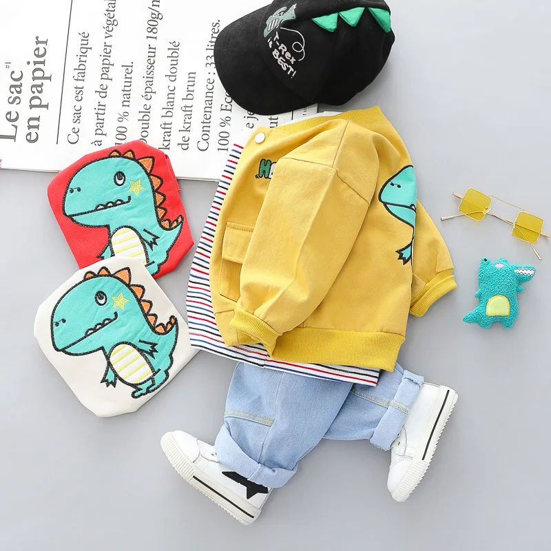 Baby Boys Girls Clothing Sets 2021 Spring Autumn Toddler Cartoon Dinosaur Coats Stripe T Shirt Jeans Children Kids Costume