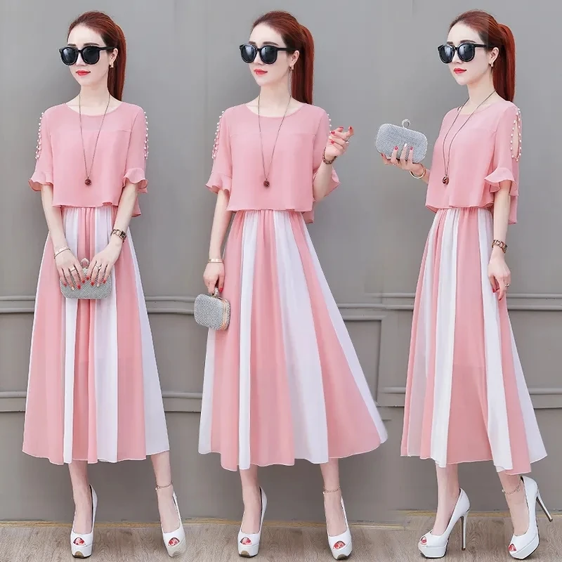 Летнее платье с бусинами новинка 2022 модное тонкое шифоновое средней длины в