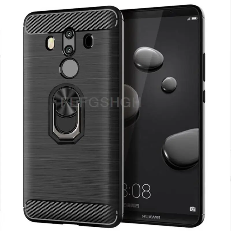 Чехол для Huawei Mate 10 Pro BLA-L29, BLA-L09 6,0 дюйма, мягкий силиконовый чехол из матового углеродного волокна, чехол с магнитным кольцом и подставкой