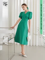 fsle office lady 100 cotton retro green v neck puff sleeve dress female 2021 summer new long zip a line women dress