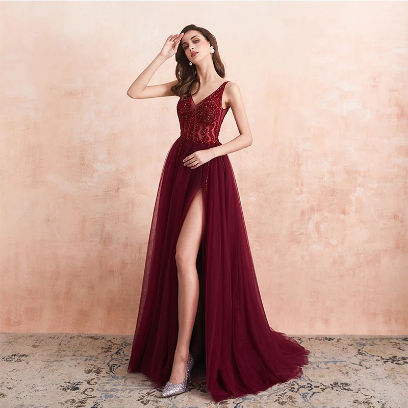 

Junior Burgundy Wine Appliqued Lace Long Evening Dress Beaded Split Slit A-Line Sleeveless Graduation Cocktail Party Prom