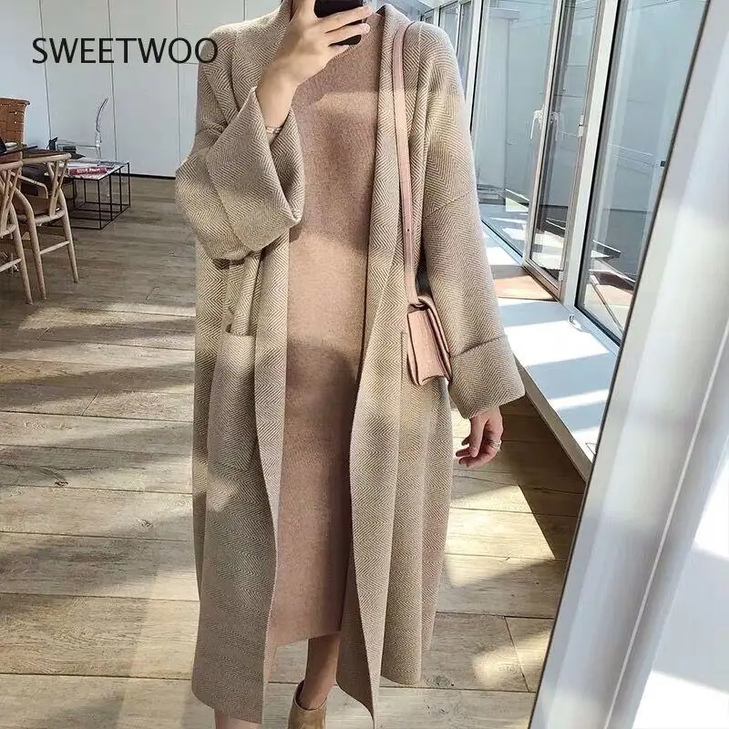 

Women Autumn Winter Thick Cozy Loose Long Sweater Coat Full Sleeve Knitted Cardigan Jacket Open Stitch Overcoat Tide Chic 2022