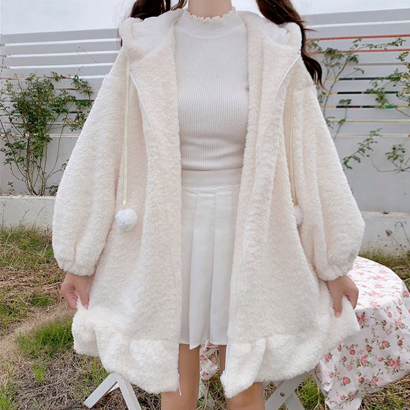 

Japanese Style Kawaii Lolita Lovely Ear Hooded Jacket Fall Winter Sweatshirt Overwear Preppy Girl Coat White Black Streetwear