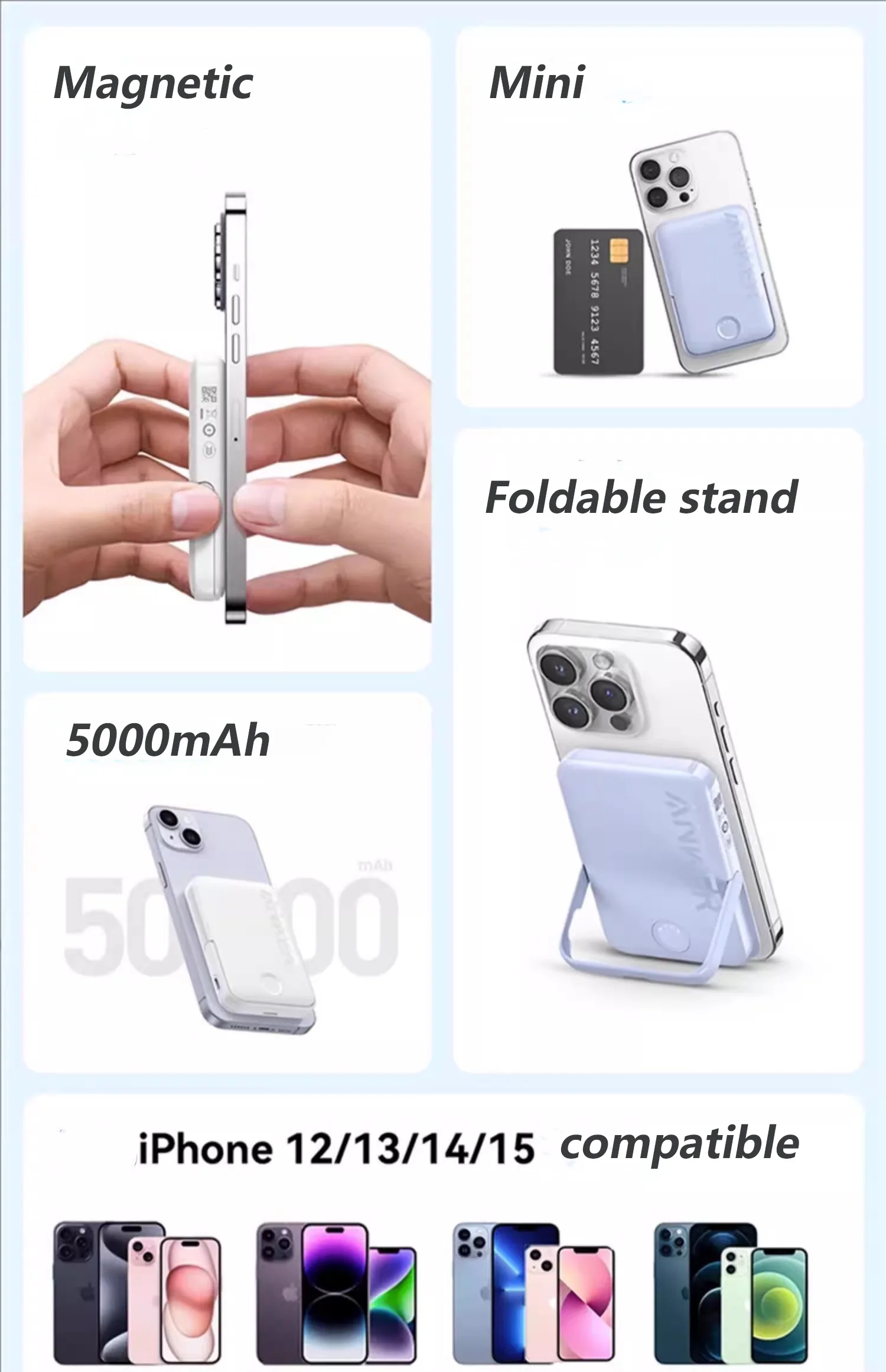 Фото Магнитный повербанк Anker 5000 мАч, беспроводное портативное зарядное устройство MagGo с подставкой и USB-C №3