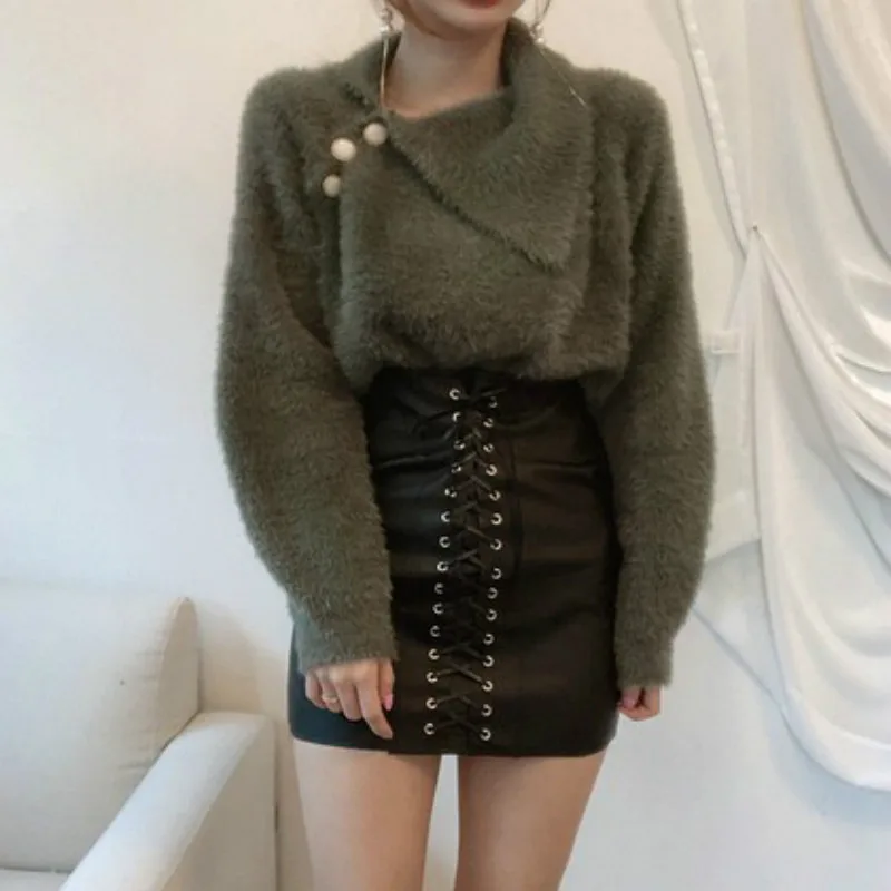 

New 2021 Autumn Winter Women Sweet Sweaters Turn Down Collar Pullover Sweater Ladies Soft Fluffy Button Knitted Tops Green White
