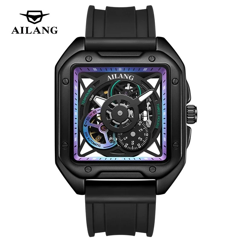 

AILANG 2023 New Fashion Men's Skeleton Automatic Watch Men's Luminous Waterproof Silicone Luxury Square Dial Mechanical Watches