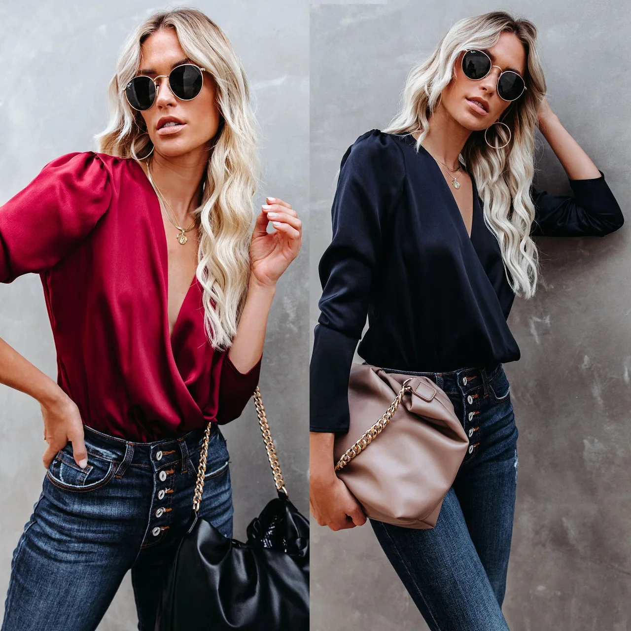 

Europe and The United States Autumn and Winter New Commuter Women Sexy V-neck Long Sleeve Blouse Loose Top
