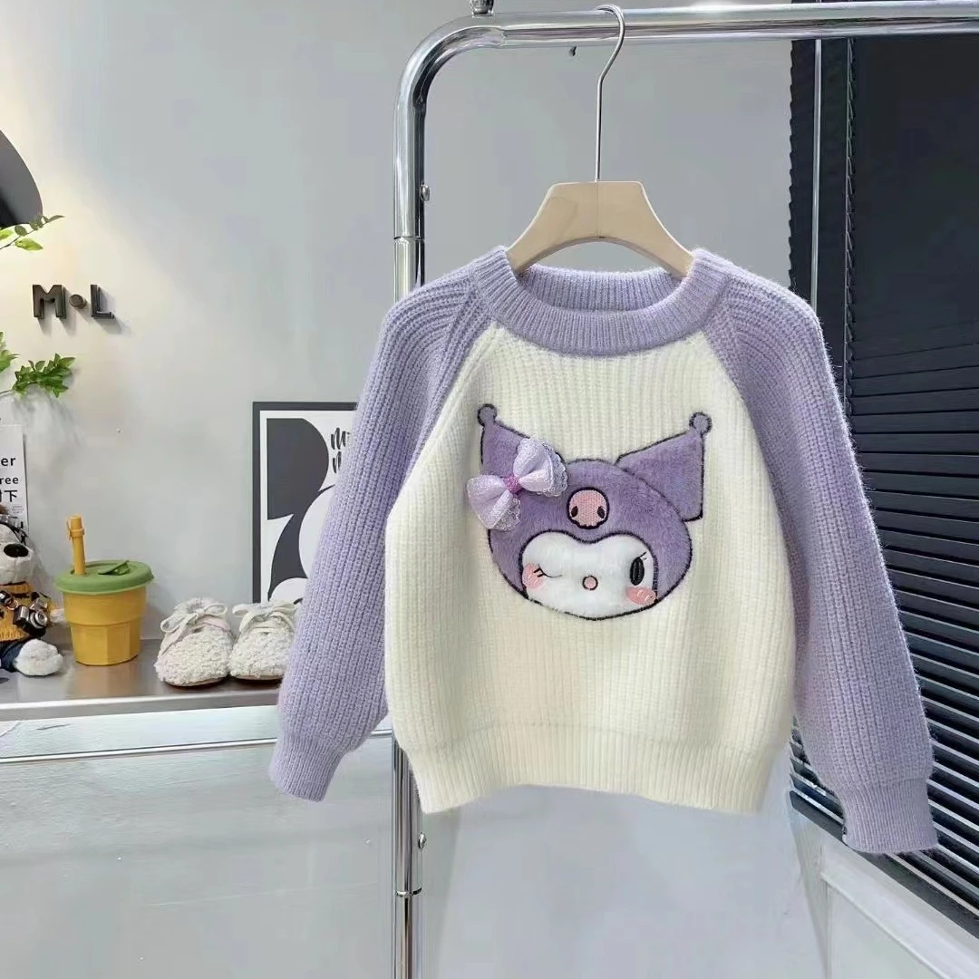 

Детский пуловер Sanrio, свитер, новый утепленный Стильный пуловер с периферийными устройствами Kuromi Melody и анимацией, свитер, куртка