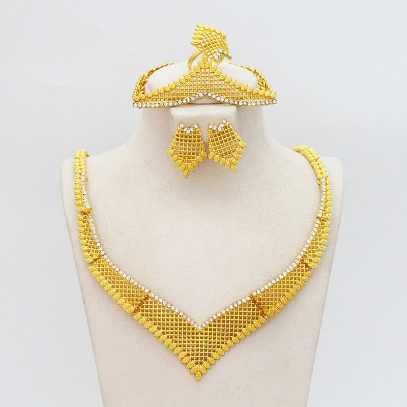 

Indian Wedding Fashion Simple Gold Jewelry Zircon Set Ladies Pendant Statement African Beads Diamond Necklace Earrings Bracelet