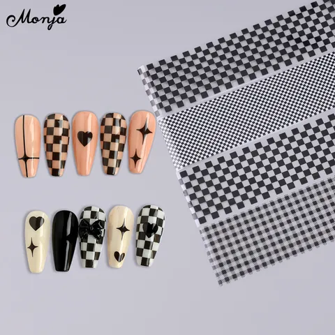 Monja 10 рулонов/коробка шахматная доска Маникюр для ногтей сетка фольга черно-белые решетки полное покрытие Звездный перенос Маникюр-наклейки для ногтей украшения