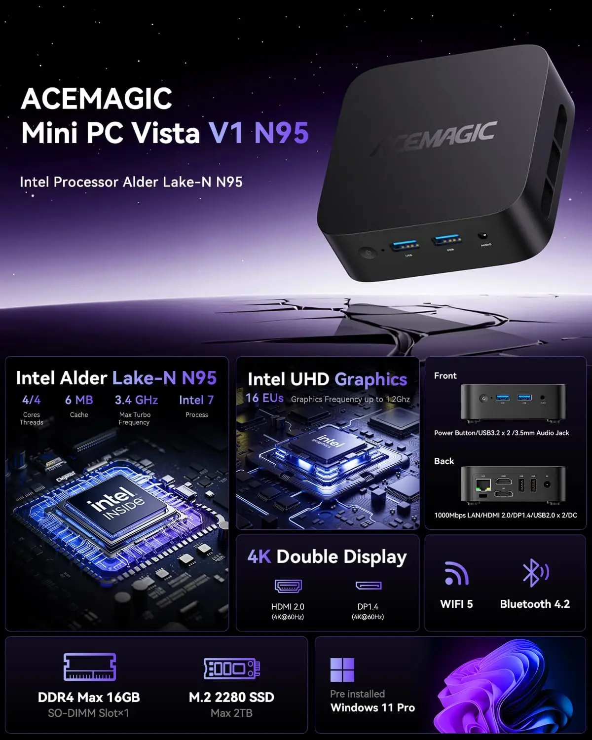 Фото KAMRUI Мини-ПК Windows11 pro Intel N95 До 3,4 ГГц 16 ГБ DDR4 512 ГБ PCIe M.2 SSD До 3,4 ГГц UHD 4K HDMI DP Dual WiFI5 Micro Pc №2