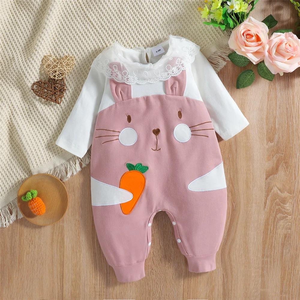 

Демисезонный комбинезон с длинным рукавом для новорожденных девочек, комбинезоны для малышей с кроличьими узорами и застежками на промежн...