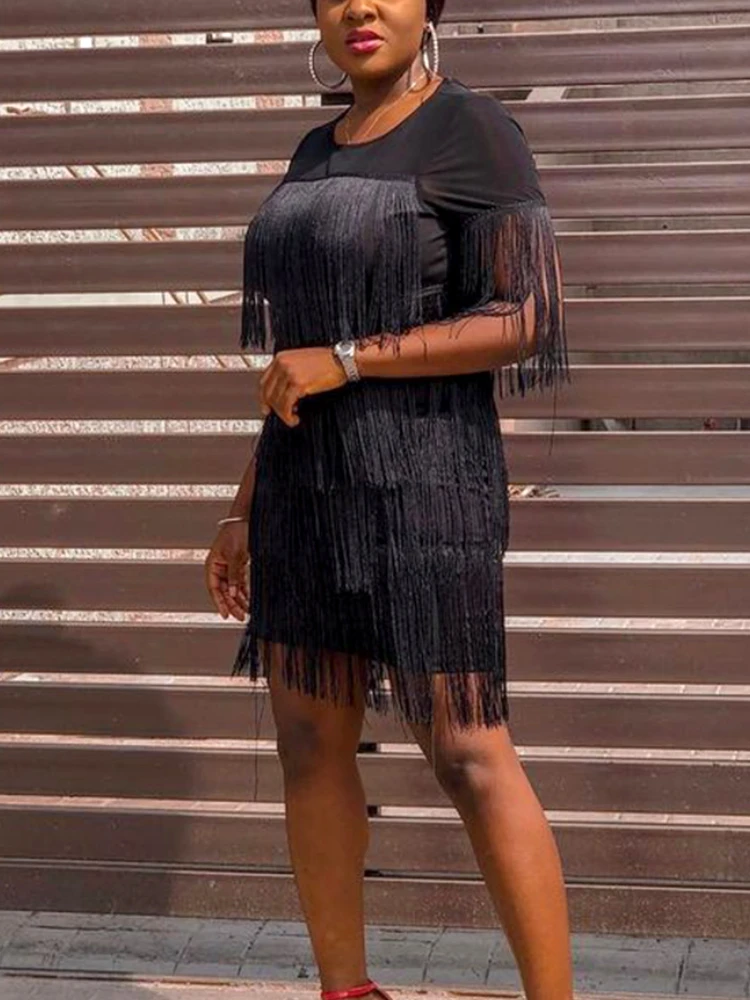 

Women Black Tassel Dress Patchwork Party Fringe Slim Modest Celebrate Event Tight Vintage Summer Prom Occasion Robes Gowns Lady
