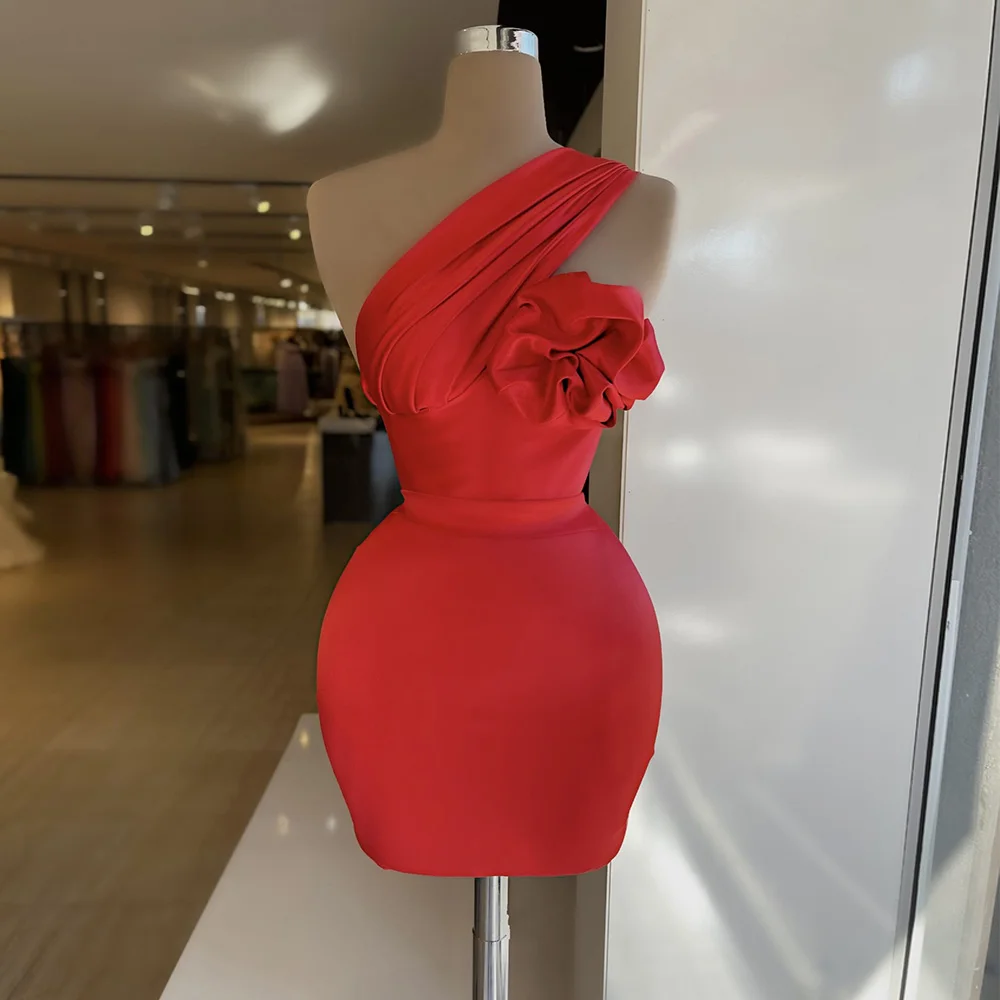 

2022 Cocktail Dresses Mini Red One Shoulder Mermaid Cocktail Gowns for Women Sleeveless 3D Flower Sexy Formal Party Dresses