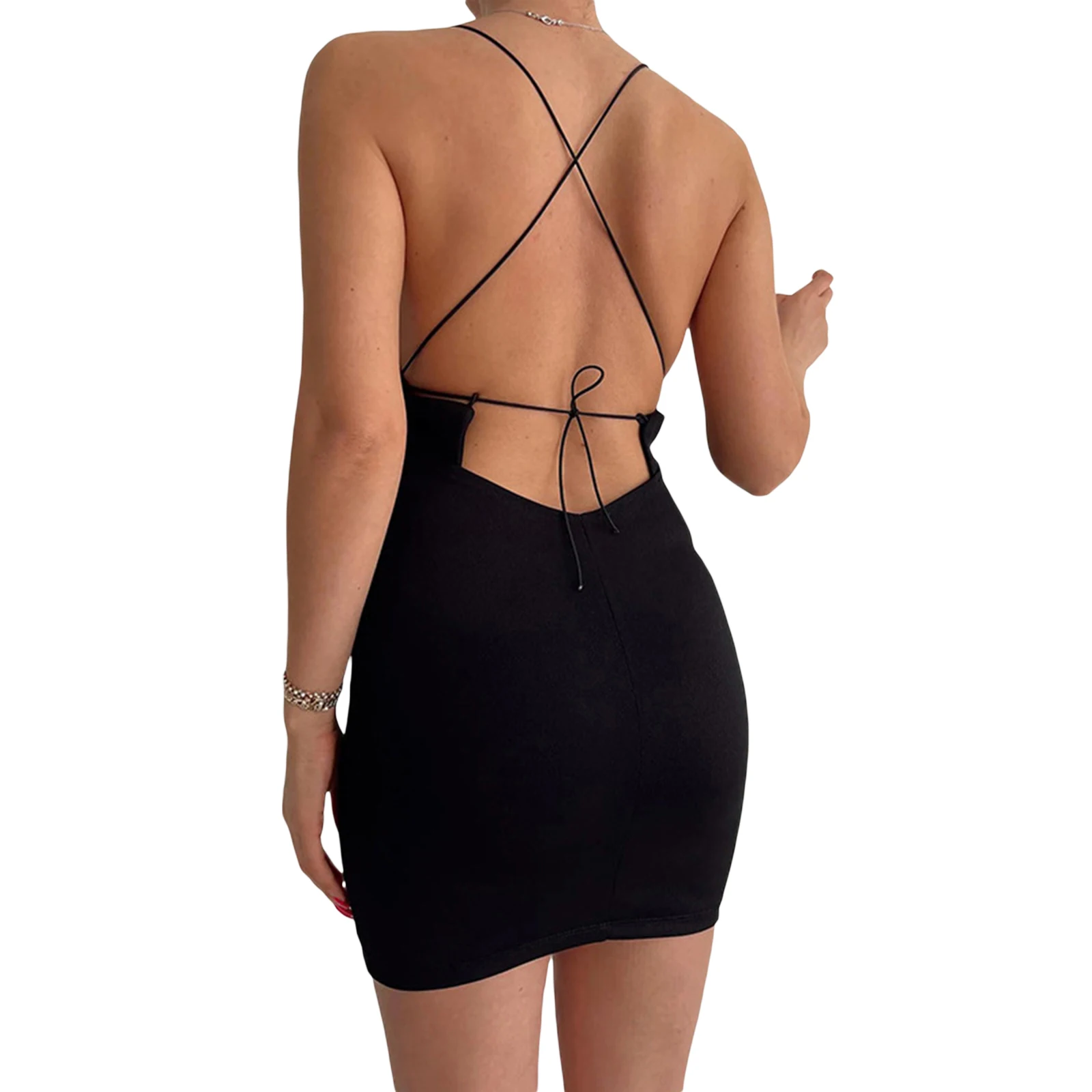 

Женское облегающее платье, летнее короткое платье на бретельках, однотонное Клубное платье черного цвета с глубоким V-образным вырезом и пе...