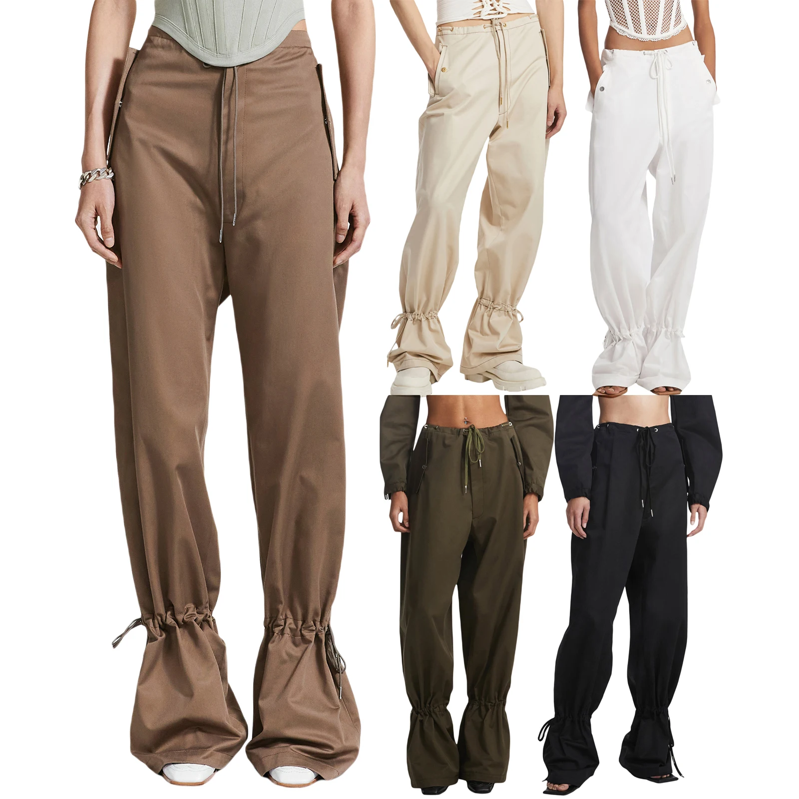 

Women Casual Trousers Drawstring Tie-Up Waist Solid Color Elastic Adjustable Ankle Straight Loose Pants