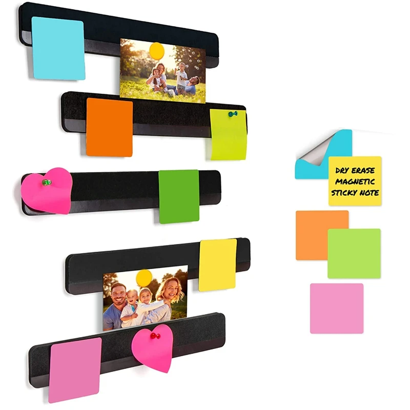 

Combo Bulletin Board Strips - 5 Black Self Adhesive Backing Magnetic Metal Felt Push Pin Bars,Home Office Memo