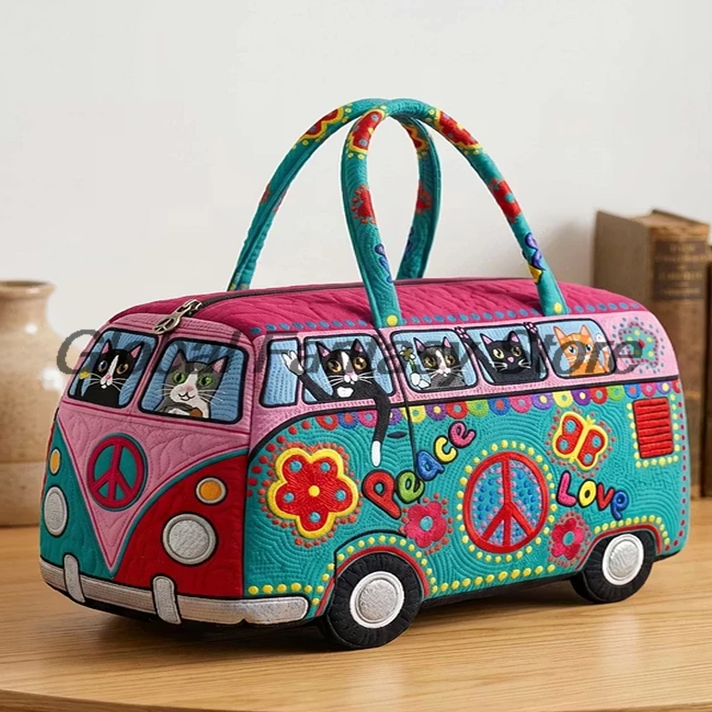 Сумка-даффл Hippie Van And Cat с вышивкой, вдохновленная символикой мира и любви, дорожная сумка-тоут для женщин и мужчин, сумка для выходных на природу (art.: 3920db6a4fa3f) - 3920db6a4fa3f