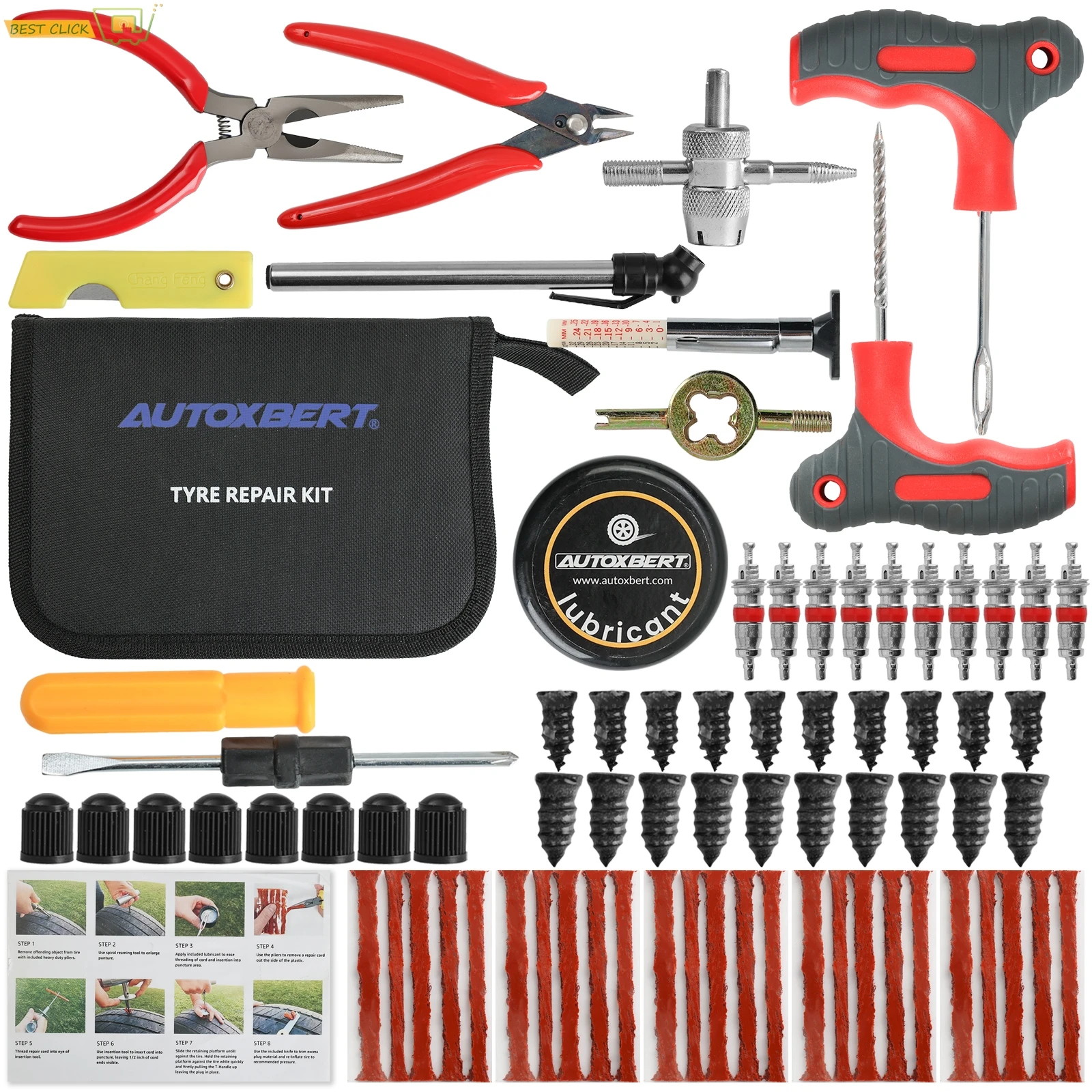 

75 шт. комплект для ремонта шин для автомобиля, грузовика, мотоцикла, велосипеда, набор инструментов для фиксации проколов с вставными инструментами и заглушками, резиновые гвозди для шин