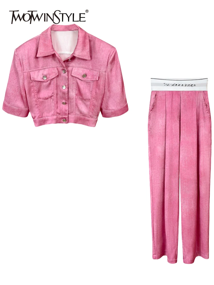 

TWOTWINSTYLE Pink Two Piece Set Women Lapel Short Sleeve Shirt High Waist Loose Straight Pants Solid Sets Female Summer Clothing