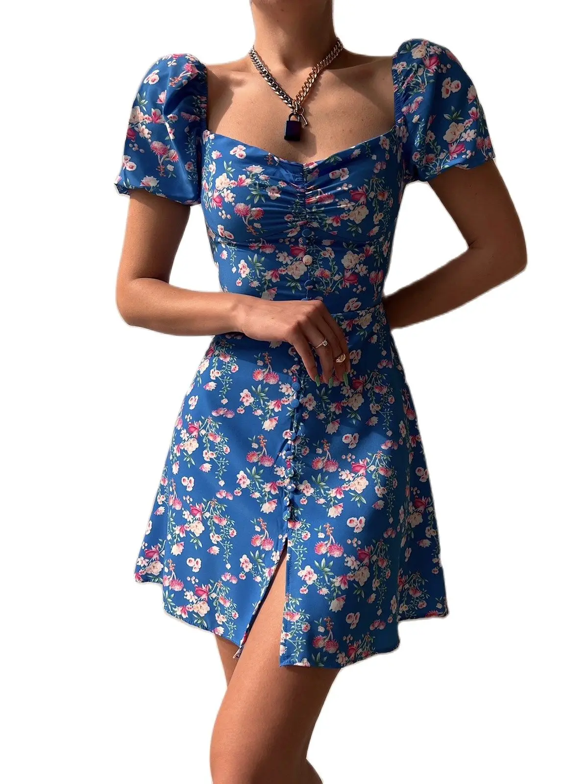 

Женское облегающее платье с цветочным принтом, элегантное праздничное/вечернее/выпускное платье с рукавами-фонариками и разрезом сбоку, ле...