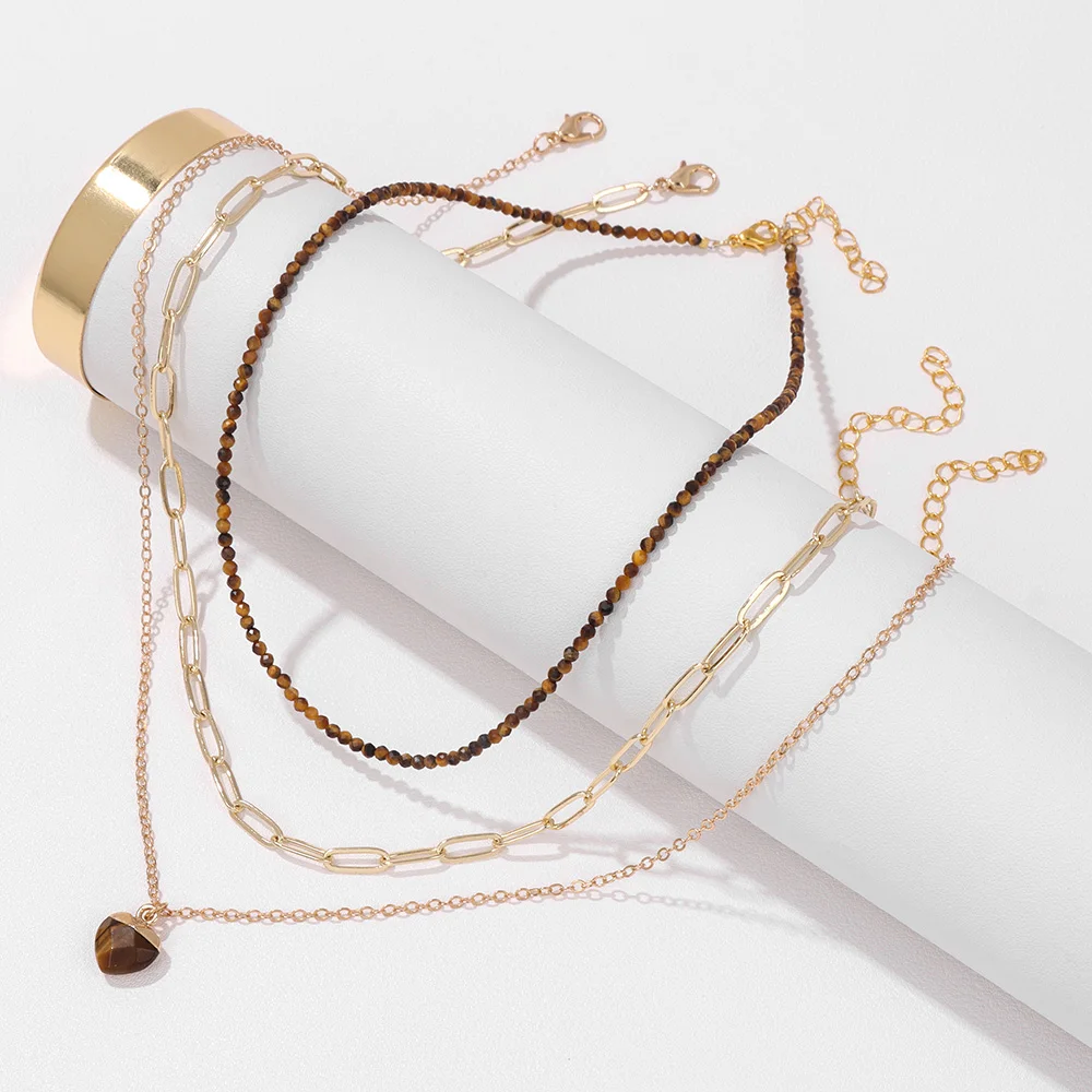 

3pcs/set Fashion Simple Small Beads Necklace For Women Natural Stone Heart Pendant Necklace Set Gold Color Chain Collares Femme