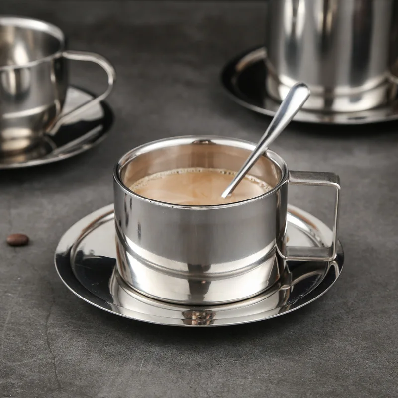 

304 Stainless Steel Coffee Cup Mugs Espresso Cups & Great Cappuccino Cups with Spoon & Saucer Gift Idea for Coffee & Tea Lovers