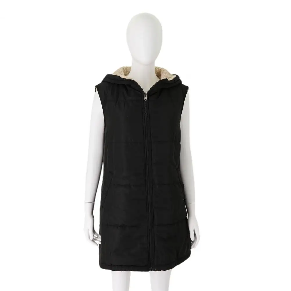 

Women Plush Lined Vest Coat Versatile Women's Reversible Vest Coat with Hood Fleece Lining Mid-length Solid Color for Warmth