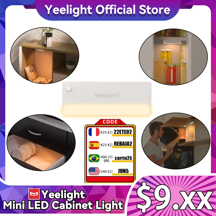 

Yeelight Mini LED Cabinet Light USB Rechargeable Infrared Sensor Night Light for Drawer Kitchen Cupboard Wardrobe Bed Lamp