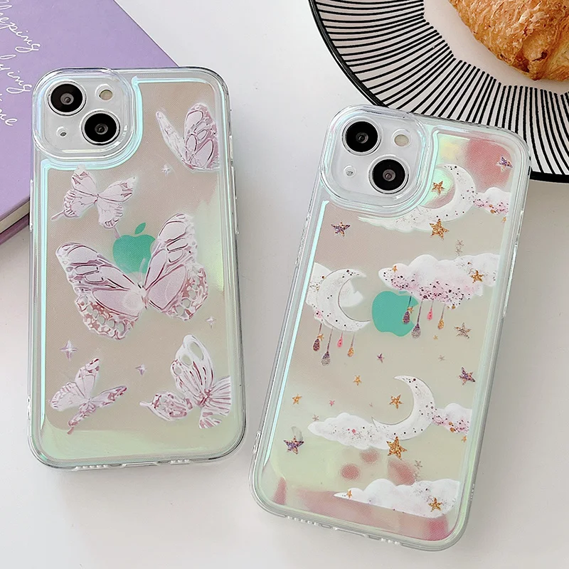 

Butterfly Moon Laser Case For iPhone X XS Max XR Transparent Soft For iPhone 11 12 13 Pro Max 7 8 Plus Clear Space Shell Cover