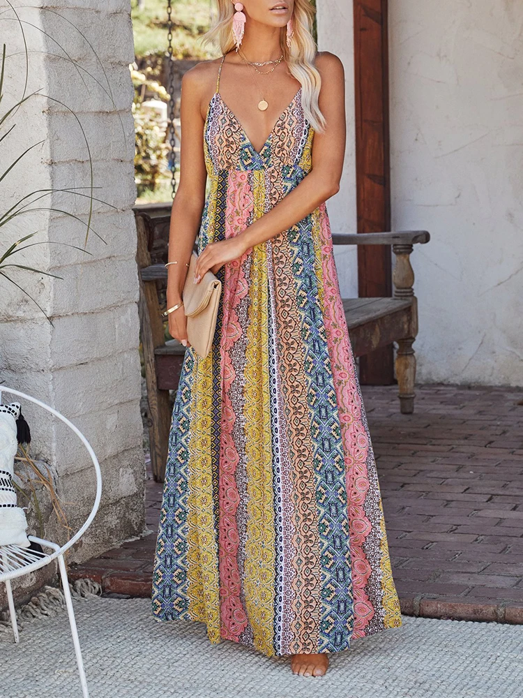 

Vintage Sling Loose Bohemian Maxi Dress Casual Floral Print Indie Folk Dress Women Summer V-Neck Beach Sleeveless Sexy Dresses