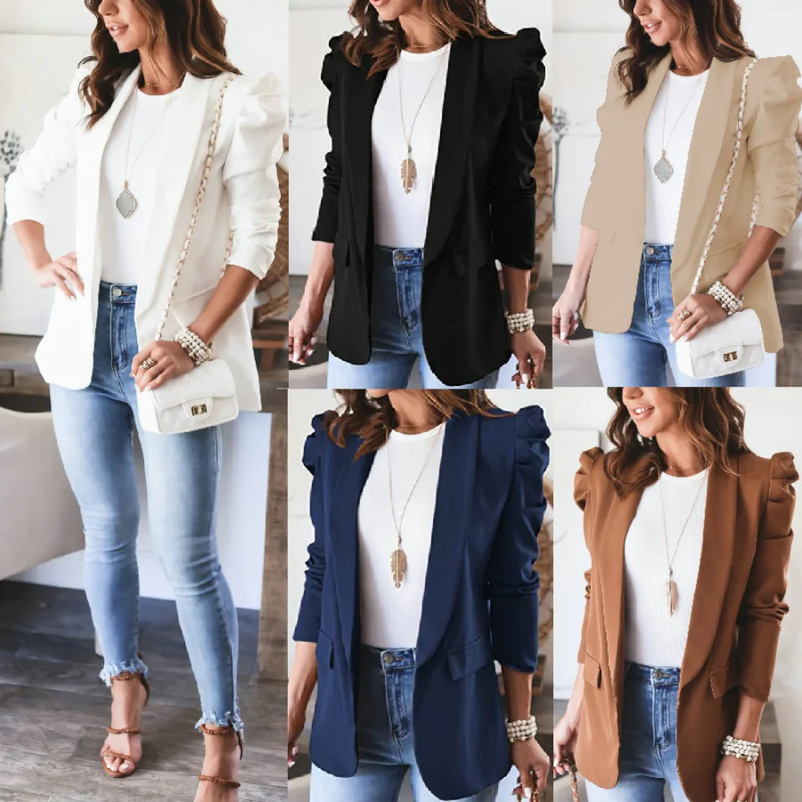 

Mandylandy Women Elegant Autumn Winter Slim Blazer Coat Fashion Casual Long Puff Sleeve Lapel Collar Open Front Jacket Outwear