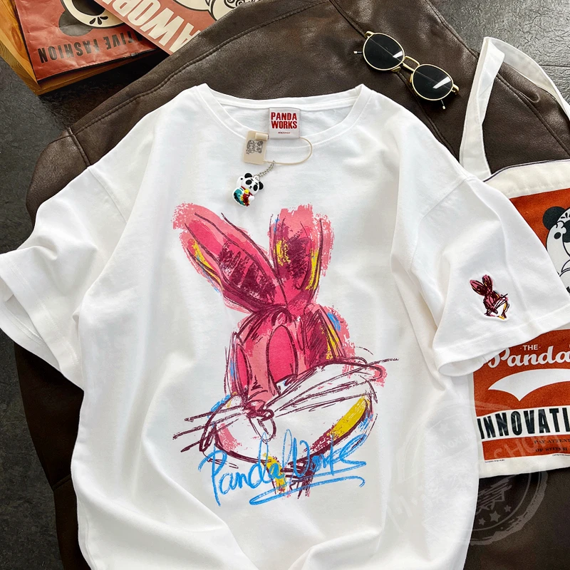 

New Spring Women Cool T Shirt 2023 Fashion Rabbit T Shirt Women Loose Short Sleeve Casual Cotton Ladies Streetwear Top Tees