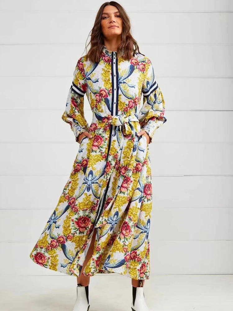 

Designer 2022 Autumn New High Quality Women's Bohemian Vintage Long Sleeve Buttons Print Long Dress Fashion Casual Party Elegant