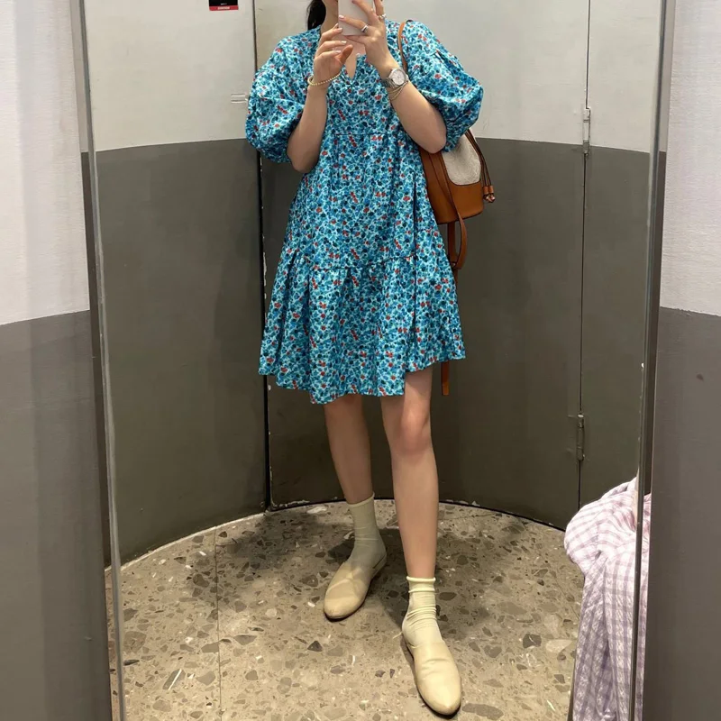 

Женское свободное мини-платье с коротким рукавом, Летнее цветочное платье в Корейском стиле с буфами, праздничная одежда, модель SJ2812, 2022