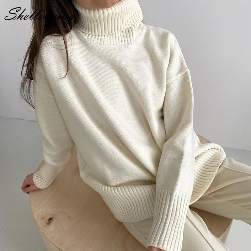 

Shellsuning Leisure Solid Elegant Sweater Women Retro Cashmere Turtleneck Knitted Pullovers Female Simple Loose Warm Base Jumper