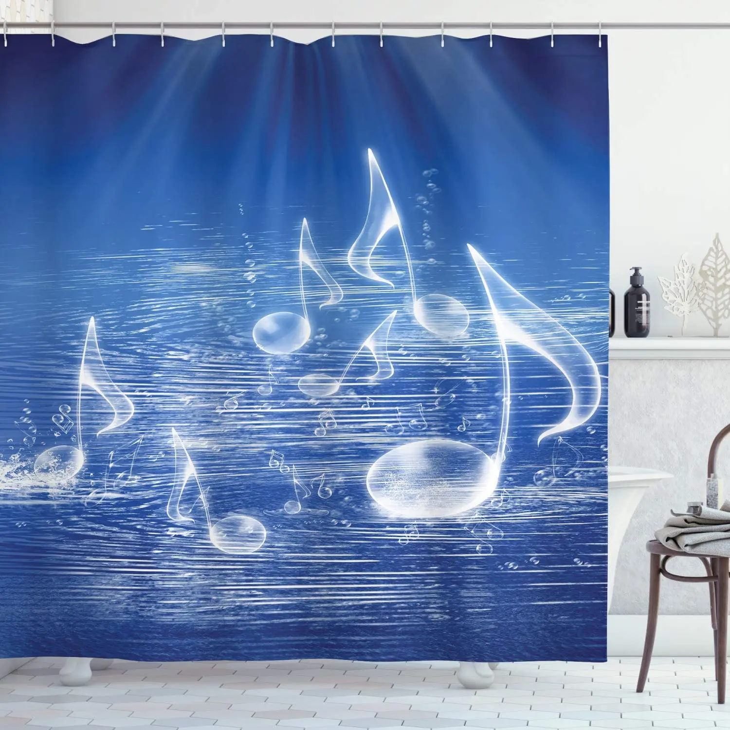 

Music Shower Curtain, Water Musical Notes Bubbles Dancing Waves Fantasy More Than Real Theme, Cloth Fabric Bathroom De