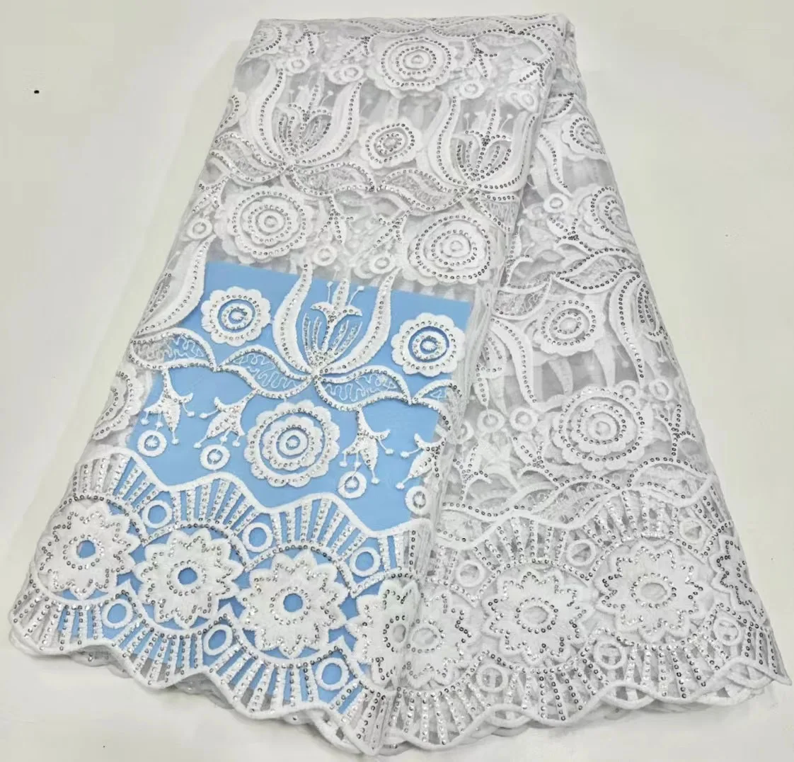 

African Lace Fabric 2023 High Quality Lace Sequins French Net Lace Tulle Mesh Fabrics Pure White 3D Lace Wedding Fabrics HH5497