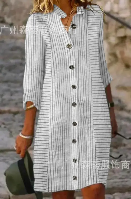 

Women Dress Summer 2023 Fashion Street Loose Casual Multicolor Single Breasted Geometric Stripe Printed Shirt Dress Famale Dress