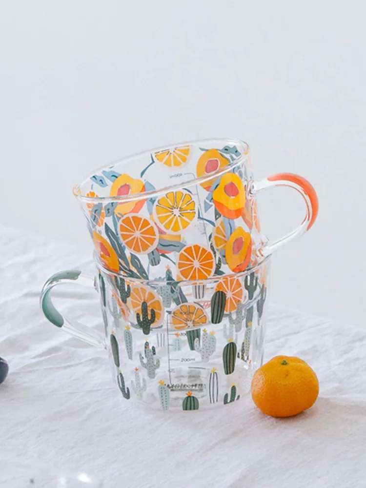 

500ml Glass Mug Milk Coffe Cup Creative Scale Sun Eye Pattern Mug Household Couple Water Cup Kitchen Drinkware Mugs Bring Spoon