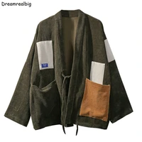 drop shoulder men corduroy kimono jacket big pockets 2022 spring color blocking patched japan style mens haori thin coat loose