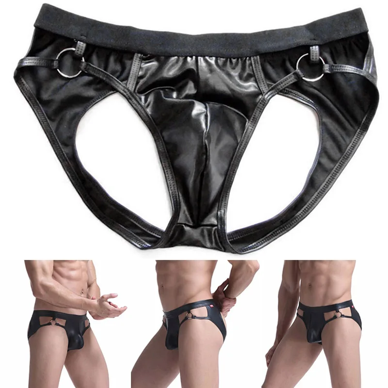 

Erotic Men's Sexy PU Leather Underwear Jockstrap Briefs Thong Hollow Out G-String Pouch Panties Metal Belt Open Back Underpants