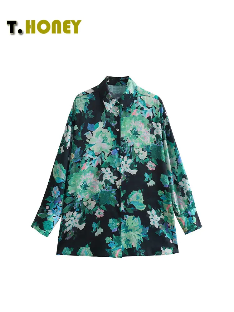 

TELLHONEY Women Fashion Lapel Collar Single Breasted Floral Print Blouses Female Casual Long Sleeves Hem Slit Shirt