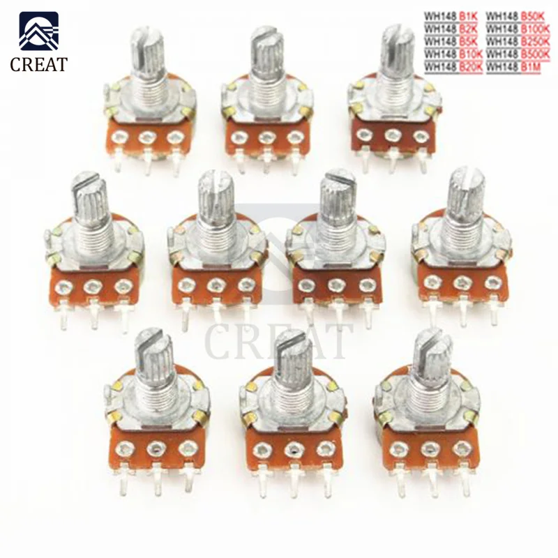 

5 шт./лот WH148 резистор потенциометра 1K 2K 5K 10K 20K 50K 100K 250K 500K 1 мОм/Ом 3-контактный линейный конический роторный потенциометр