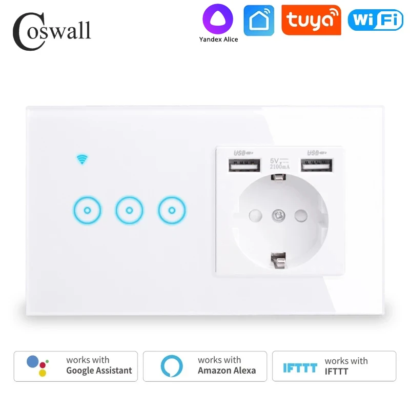 COSWALL-enchufe europeo + 2 puertos de carga USB, interruptor de luz de pared táctil con Wifi, funciona con Alexa, Google Home, IFTTT, Tuya, Smart Life, EWelink