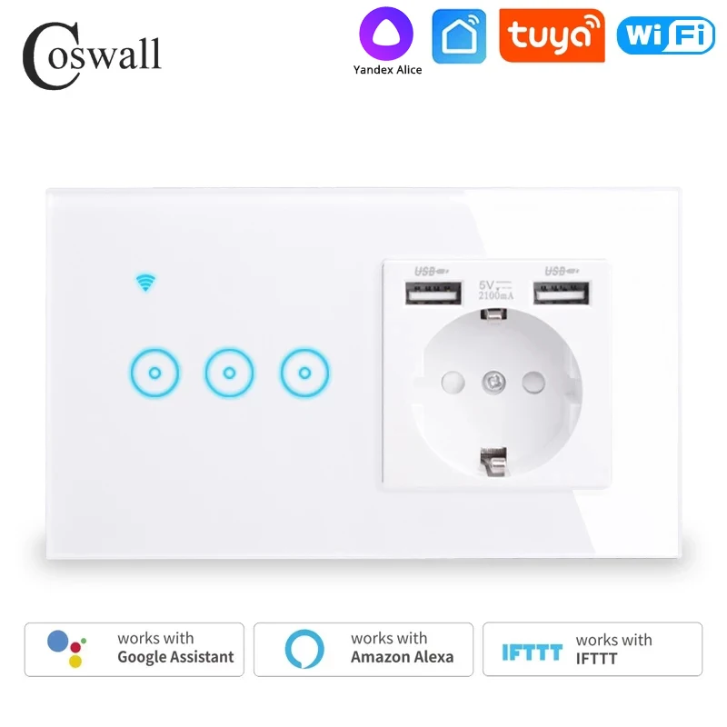 Coswall-interruptor de Parede Smart Life Wi-fi Tomada eu Mais Portas Usb Funciona com Alexa Google Home Ifttt Tuya Smart Life Ewelink Soquetes elétricos